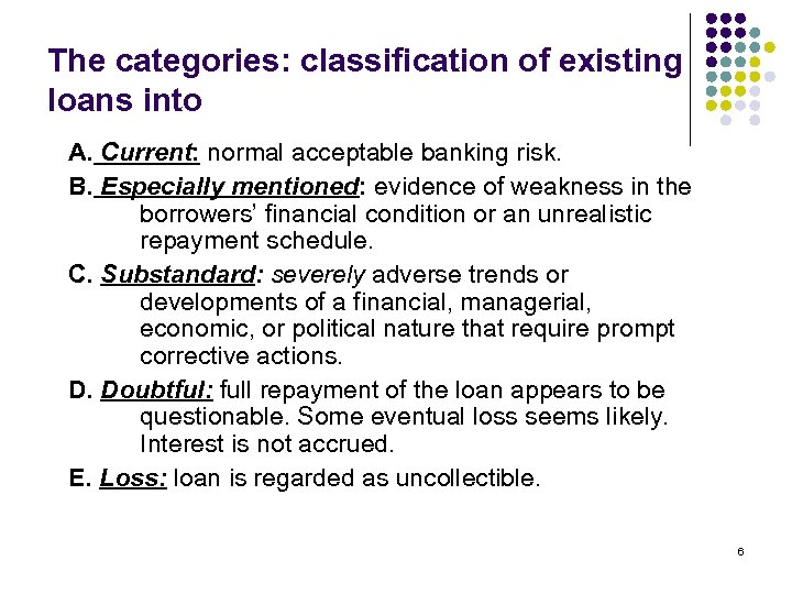 The categories: classification of existing loans into A. Current: normal acceptable banking risk. B.