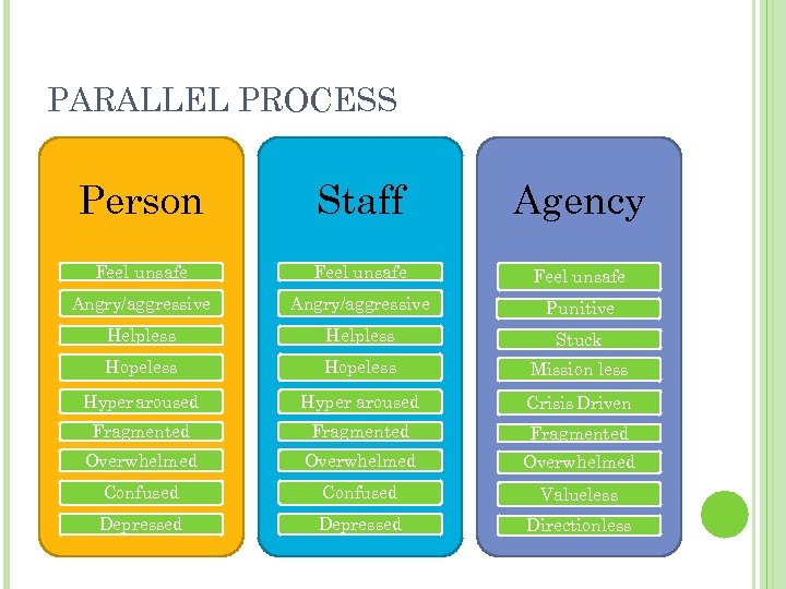 PARALLEL PROCESS Person Staff Agency Feel unsafe Angry/aggressive Punitive Helpless Stuck Hopeless Mission less