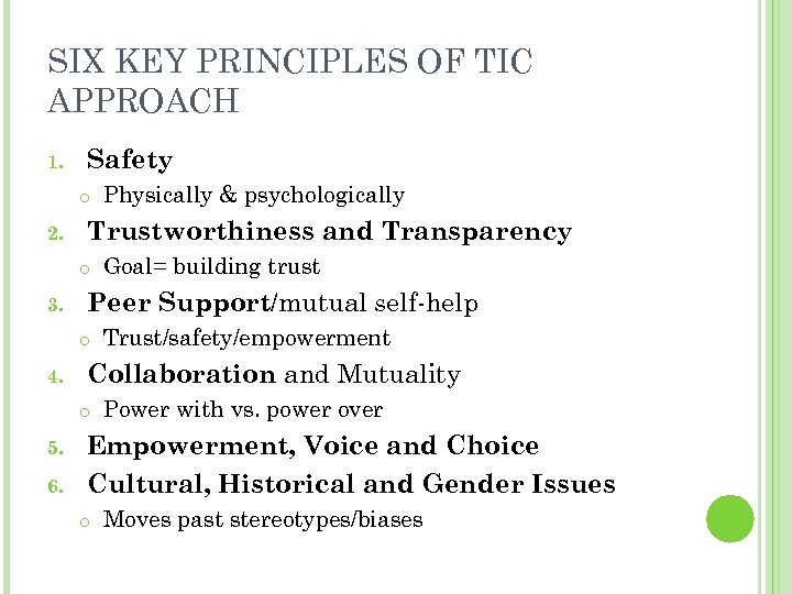 SIX KEY PRINCIPLES OF TIC APPROACH 1. Safety o 2. Trustworthiness and Transparency o