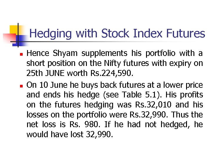 Hedging with Stock Index Futures n n Hence Shyam supplements his portfolio with a