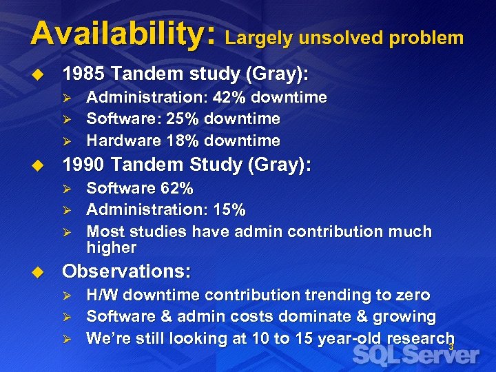 Availability: Largely unsolved problem u 1985 Tandem study (Gray): Ø Ø Ø u 1990