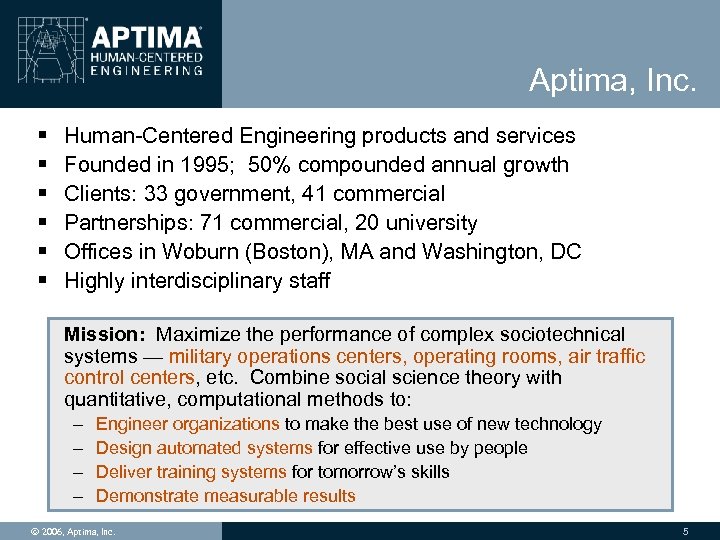 Aptima, Inc. § § § Human-Centered Engineering products and services Founded in 1995; 50%