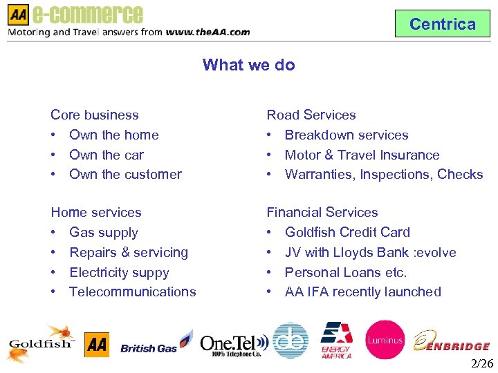 Centrica What we do Core business • Own the home • Own the car