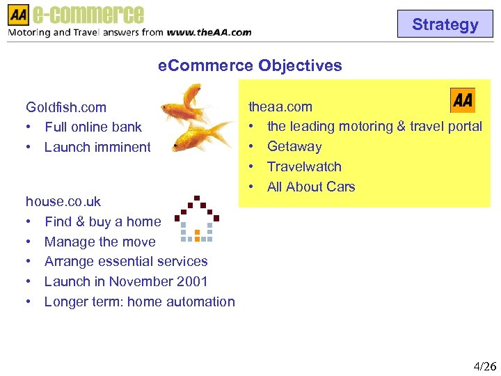 Strategy e. Commerce Objectives Goldfish. com • Full online bank • Launch imminent house.