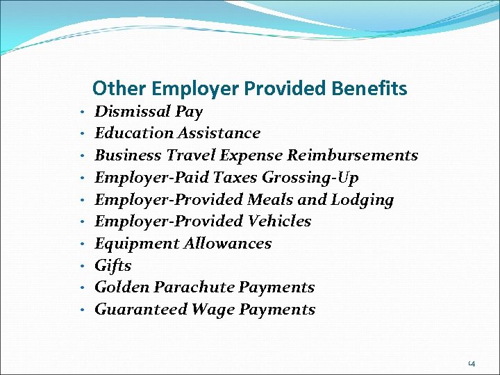 Other Employer Provided Benefits • Dismissal Pay • Education Assistance • Business Travel Expense