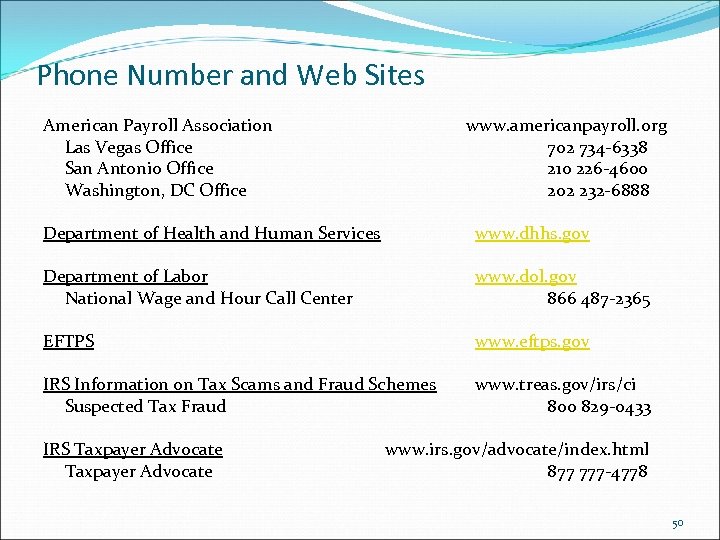Phone Number and Web Sites American Payroll Association Las Vegas Office San Antonio Office
