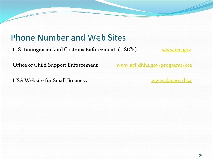 Phone Number and Web Sites U. S. Immigration and Customs Enforcement (USICE) Office of