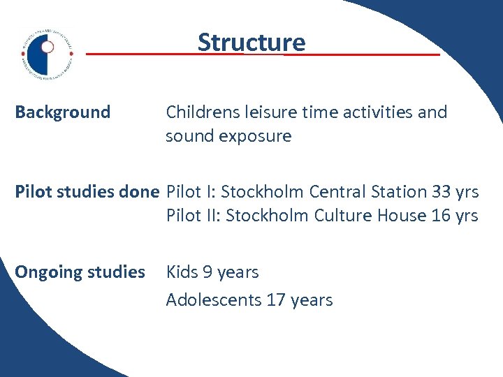 Structure Background Childrens leisure time activities and sound exposure Pilot studies done Pilot I: