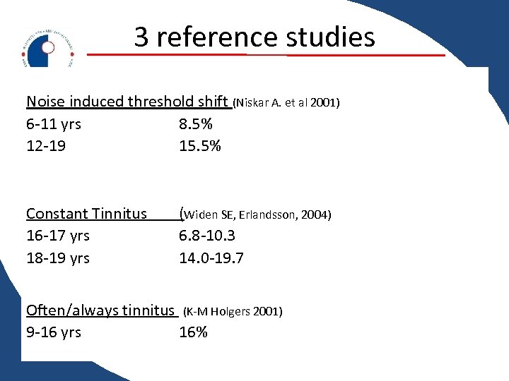 3 reference studies Noise induced threshold shift (Niskar A. et al 2001) 6 -11