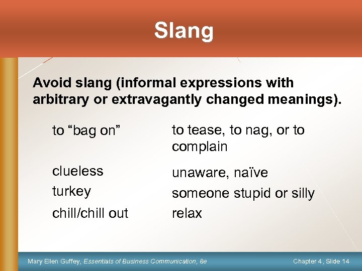 Slang Avoid slang (informal expressions with arbitrary or extravagantly changed meanings). to “bag on”