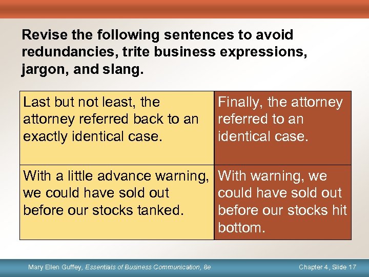 Revise the following sentences to avoid redundancies, trite business expressions, jargon, and slang. Last