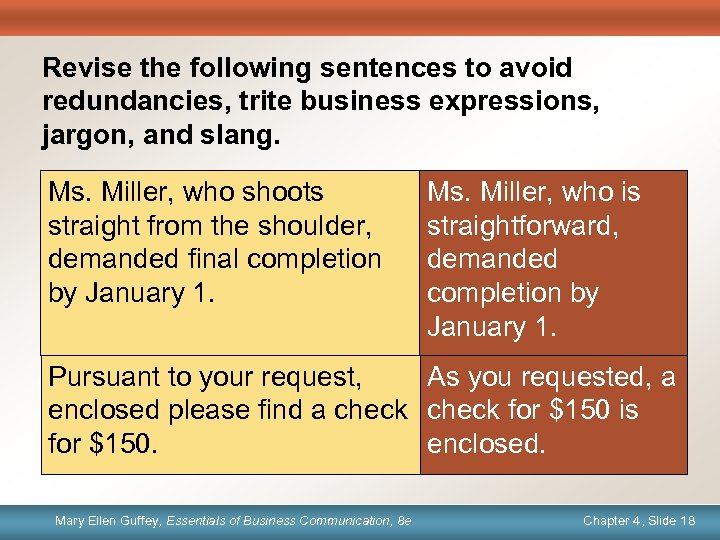 Revise the following sentences to avoid redundancies, trite business expressions, jargon, and slang. Ms.