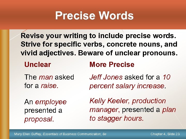 Precise Words Revise your writing to include precise words. Strive for specific verbs, concrete