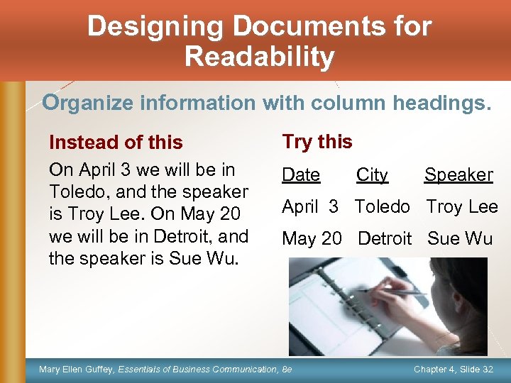 Designing Documents for Readability Organize information with column headings. Instead of this Try this