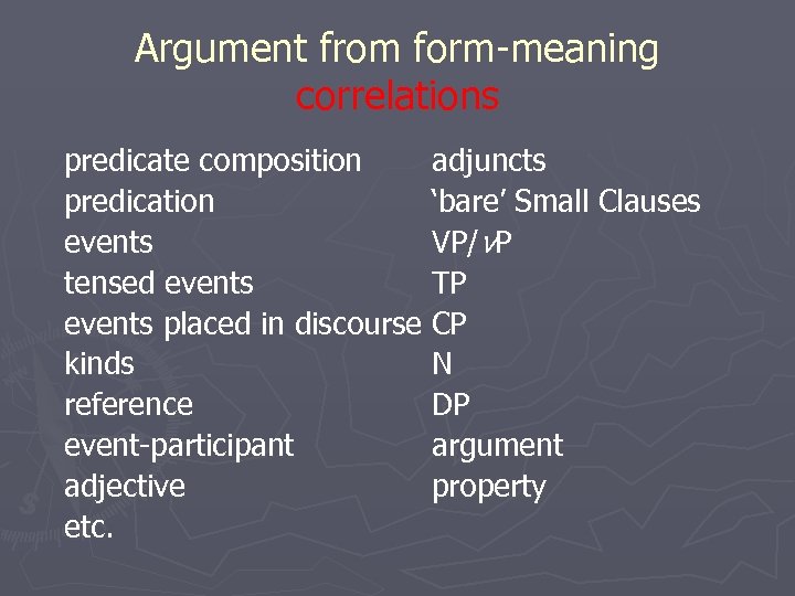 Argument from form-meaning correlations predicate composition adjuncts predication ‘bare’ Small Clauses events VP/v. P