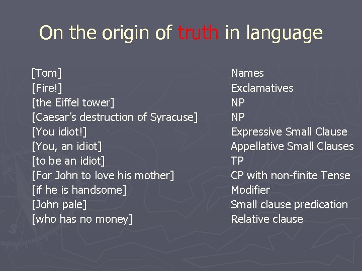 On the origin of truth in language [Tom] [Fire!] [the Eiffel tower] [Caesar’s destruction