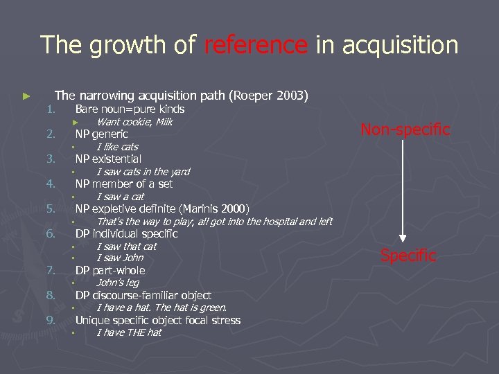 The growth of reference in acquisition ► The narrowing acquisition path (Roeper 2003) 1.