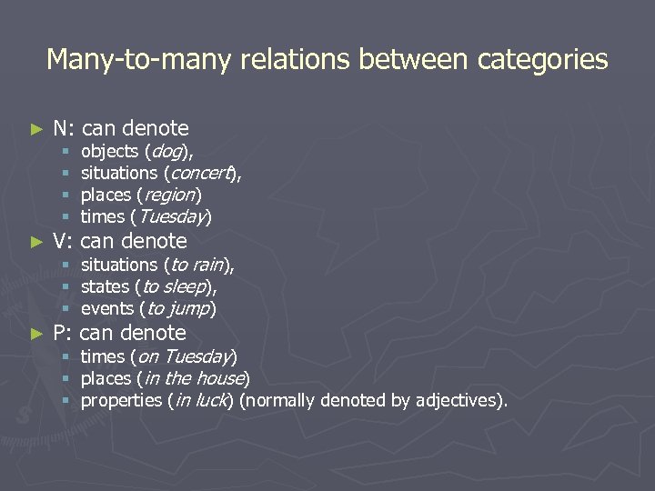 Many-to-many relations between categories ► N: can denote § § objects (dog), situations (concert),