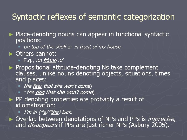 Syntactic reflexes of semantic categorization ► Place-denoting nouns can appear in functional syntactic positions: