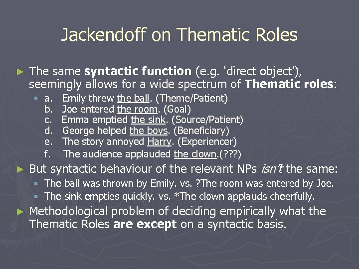 Jackendoff on Thematic Roles ► The same syntactic function (e. g. ‘direct object’), seemingly