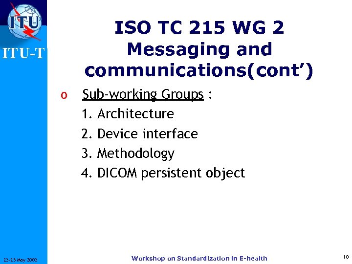 ISO TC 215 WG 2 Messaging and communications(cont’) ITU-T o 23 -25 May 2003