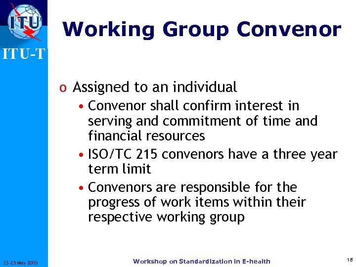 Working Group Convenor ITU-T o Assigned to an individual • Convenor shall confirm interest