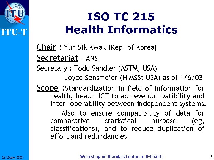 ITU-T ISO TC 215 Health Informatics Chair : Yun Sik Kwak (Rep. of Korea)