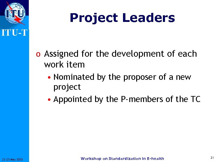Project Leaders ITU-T o Assigned for the development of each work item • Nominated