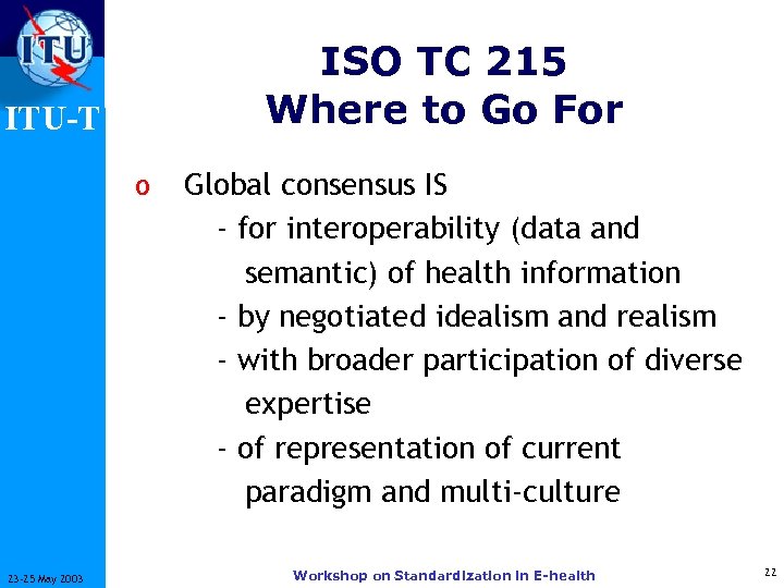 ISO TC 215 Where to Go For ITU-T o 23 -25 May 2003 Global