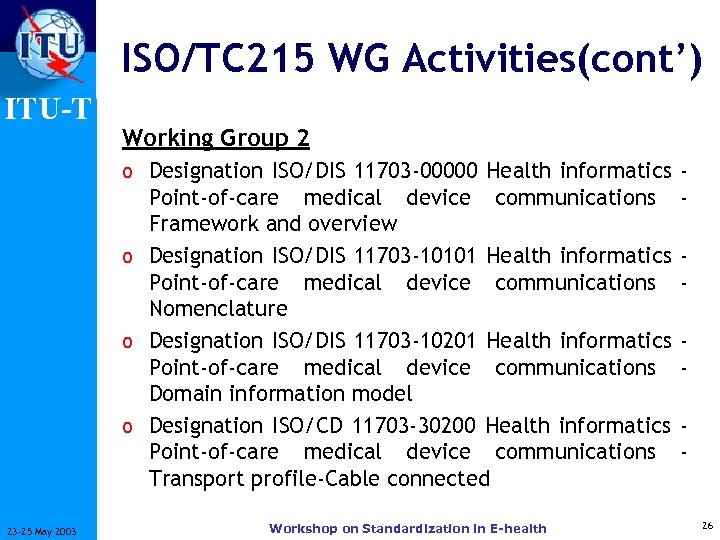 ISO/TC 215 WG Activities(cont’) ITU-T Working Group 2 o Designation ISO/DIS 11703 -00000 Health