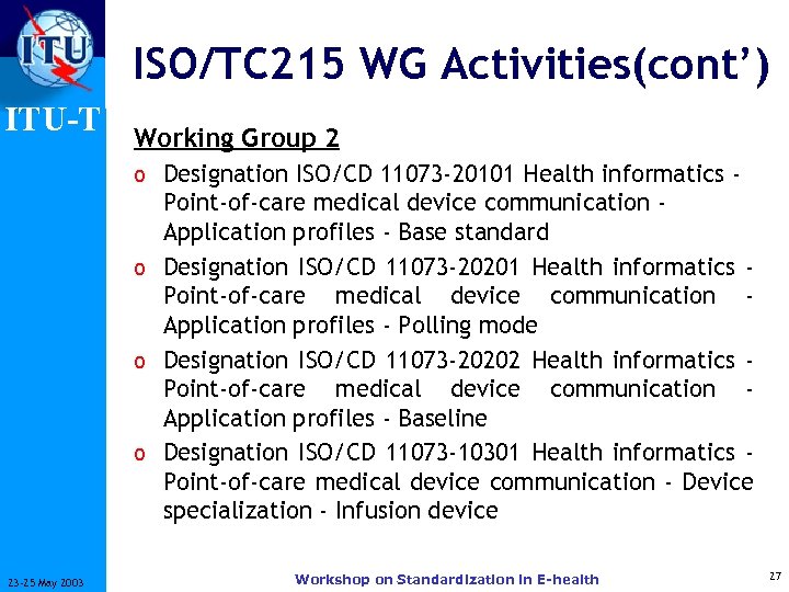 ISO/TC 215 WG Activities(cont’) ITU-T Working Group 2 o Designation ISO/CD 11073 -20101 Health