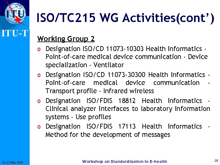 ISO/TC 215 WG Activities(cont’) ITU-T Working Group 2 o Designation ISO/CD 11073 -10303 Health