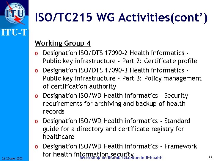 ISO/TC 215 WG Activities(cont’) ITU-T Working Group 4 o Designation ISO/DTS 17090 -2 Health