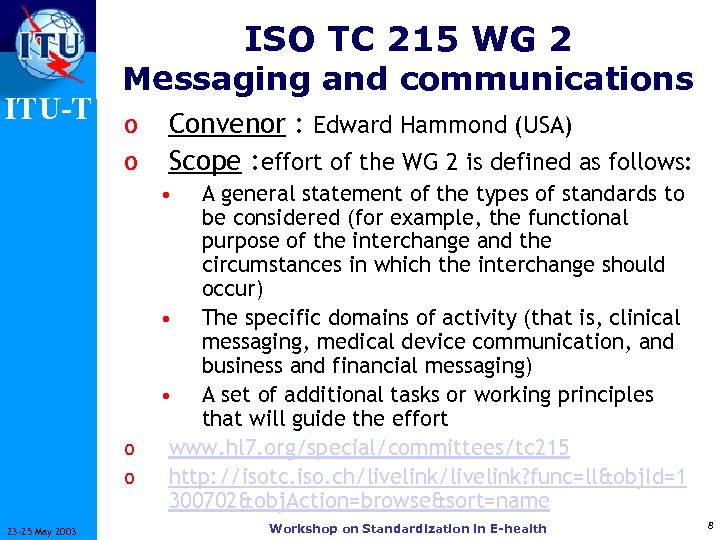ISO TC 215 WG 2 Messaging and communications ITU-T o Convenor : Edward Hammond