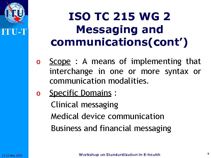 ISO TC 215 WG 2 Messaging and communications(cont’) ITU-T o o 23 -25 May
