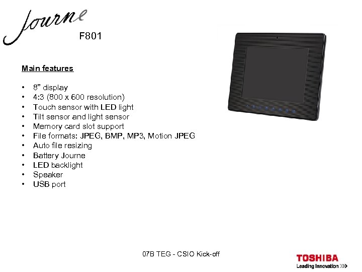 F 801 Main features • • • 8” display 4: 3 (800 x 600