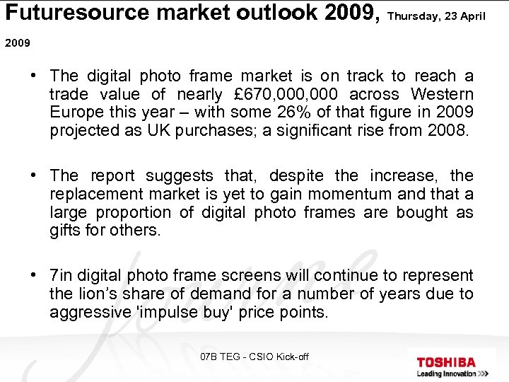 Futuresource market outlook 2009, Thursday, 23 April 2009 • The digital photo frame market