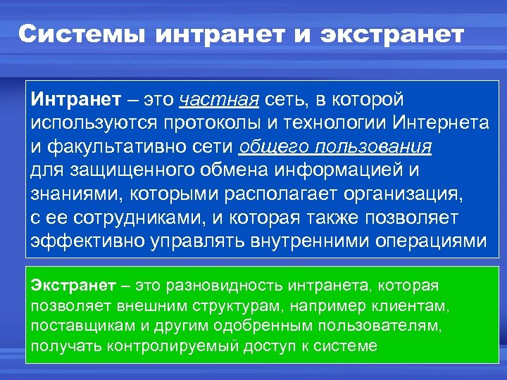 Системы интранет и экстранет Интранет – это частная сеть, в которой используются протоколы и