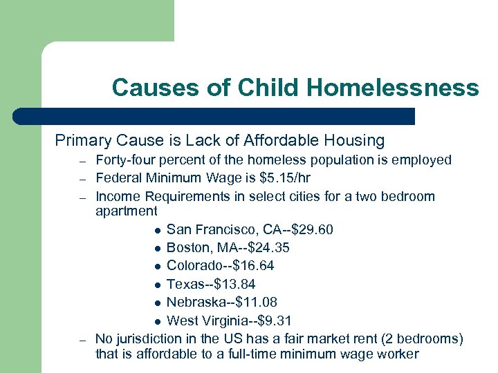 Causes of Child Homelessness Primary Cause is Lack of Affordable Housing – – Forty-four