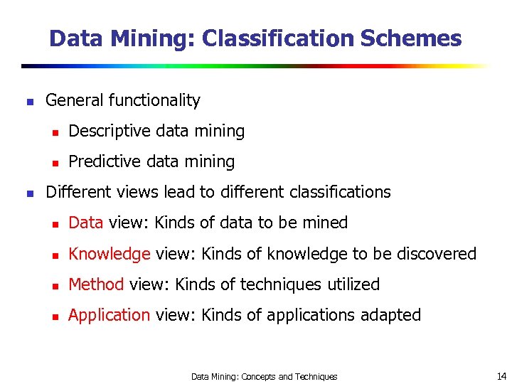 Data Mining: Classification Schemes n General functionality n n n Descriptive data mining Predictive