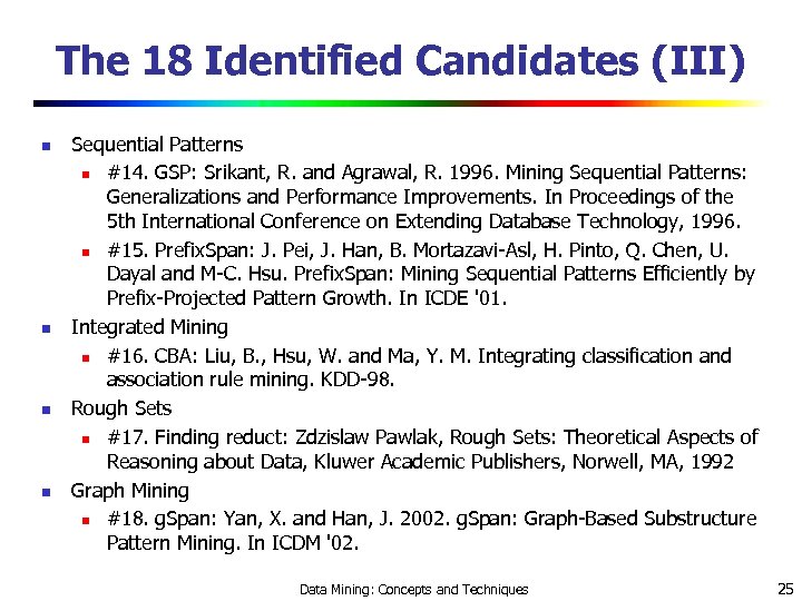 The 18 Identified Candidates (III) n n Sequential Patterns n #14. GSP: Srikant, R.