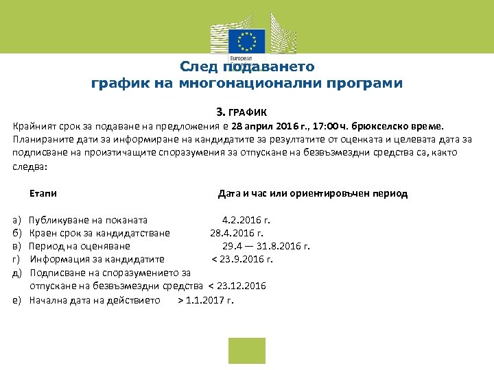 След подаването график на многонационални програми 3. ГРАФИК Крайният срок за подаване на предложения