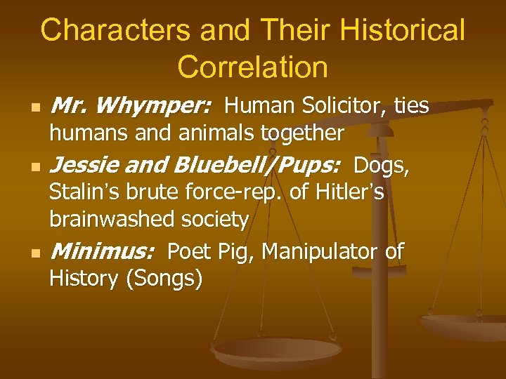 Characters and Their Historical Correlation n Mr. Whymper: Human Solicitor, ties humans and animals