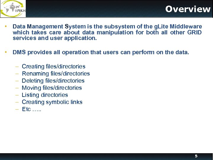 Overview • Data Management System is the subsystem of the g. Lite Middleware which