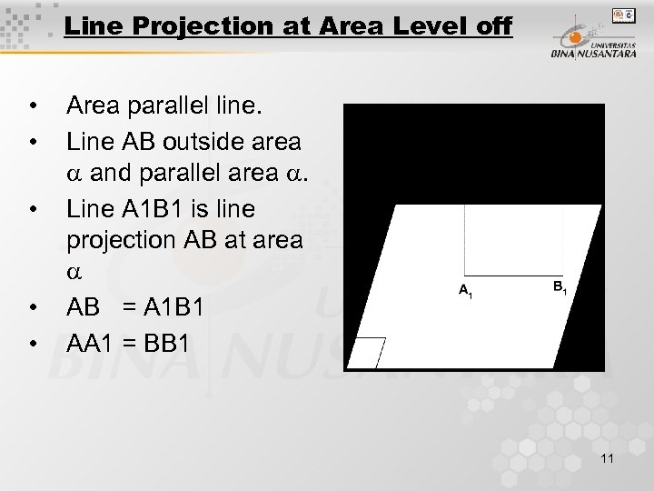 Line Projection at Area Level off • • • Area parallel line. Line AB