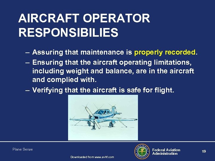AIRCRAFT OPERATOR RESPONSIBILIES – Assuring that maintenance is properly recorded. – Ensuring that the