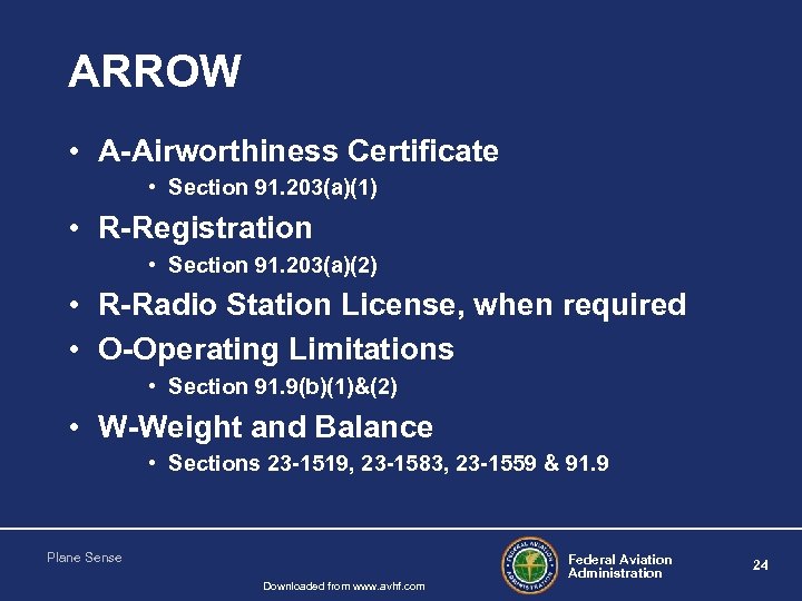 ARROW • A-Airworthiness Certificate • Section 91. 203(a)(1) • R-Registration • Section 91. 203(a)(2)