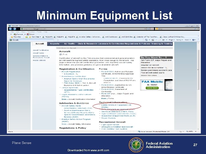 Minimum Equipment List Plane Sense Downloaded from www. avhf. com Federal Aviation Administration 27