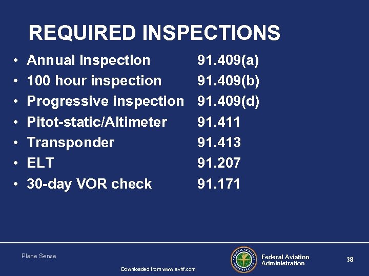 REQUIRED INSPECTIONS • • Annual inspection 100 hour inspection Progressive inspection Pitot-static/Altimeter Transponder ELT