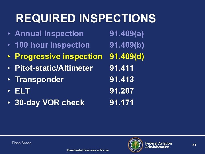 REQUIRED INSPECTIONS • • Annual inspection 100 hour inspection Progressive inspection Pitot-static/Altimeter Transponder ELT